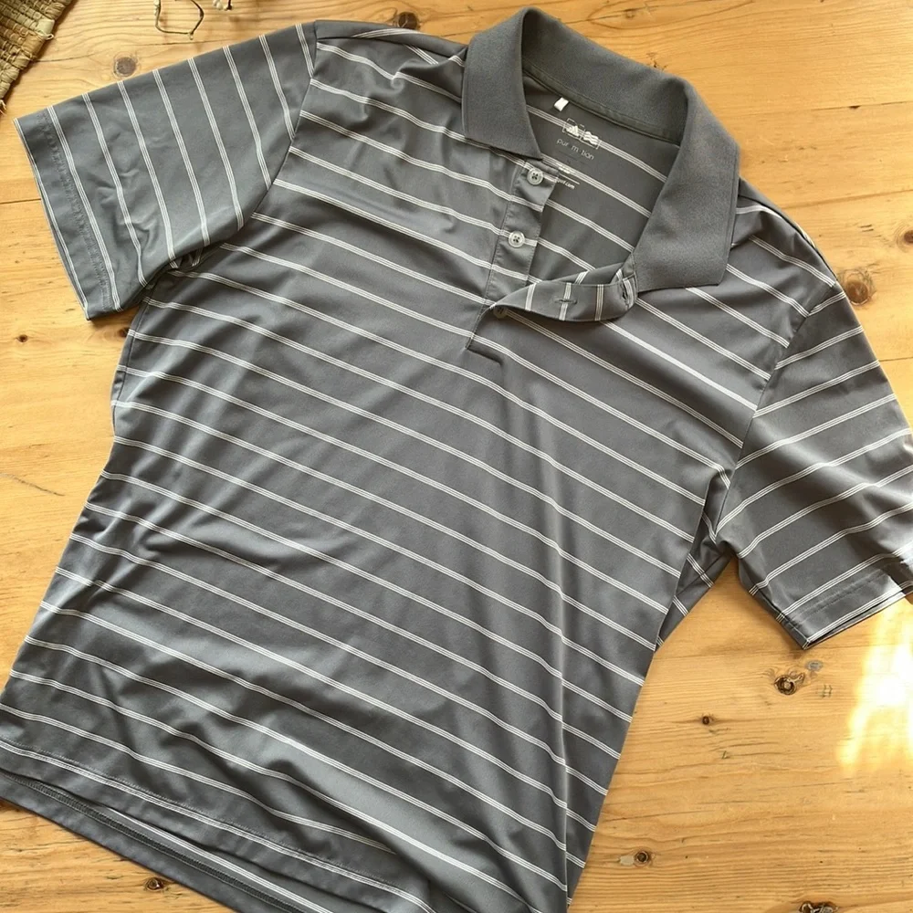 Adidas Puremotion Men’s Med Golf Shirt Gray and White Stripe